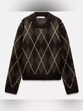 ZARA Women’s  Dark Brown & Light Gray Argyle Crewneck Sweater